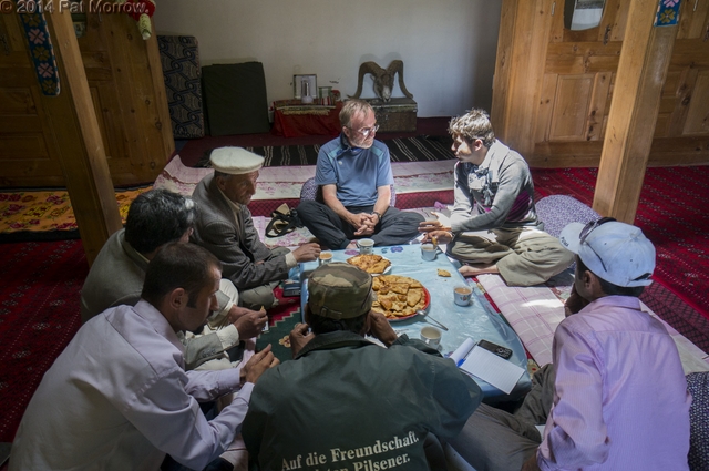 Bill Hanlon, Basic Health Int'l, and KADO rep Imran Khan meets with community leaders in Sharisabaz, Chipurson Valley, tributary of Hunza Valley, Karakoram Range, Pakistan