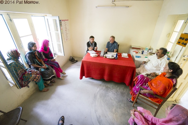 Bill Hanlon, Basic Health Int'l, and KADO rep Imran Khan interview potential health trainees, Misgar village just north of Sost, Hunza Valley, Karakoram Range, Pakistan